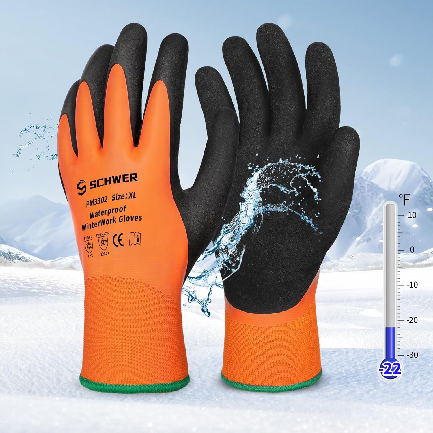 Schwer FreezeGuard Waterproof Work Gloves PM3302, ANSI A2 Cut Resistant Freezer Gloves for Outdoor Cold Weather Keep Hands Warm Below Zero, Waterproof Gloves for Shoveling Snow, Ice Fishing, XL