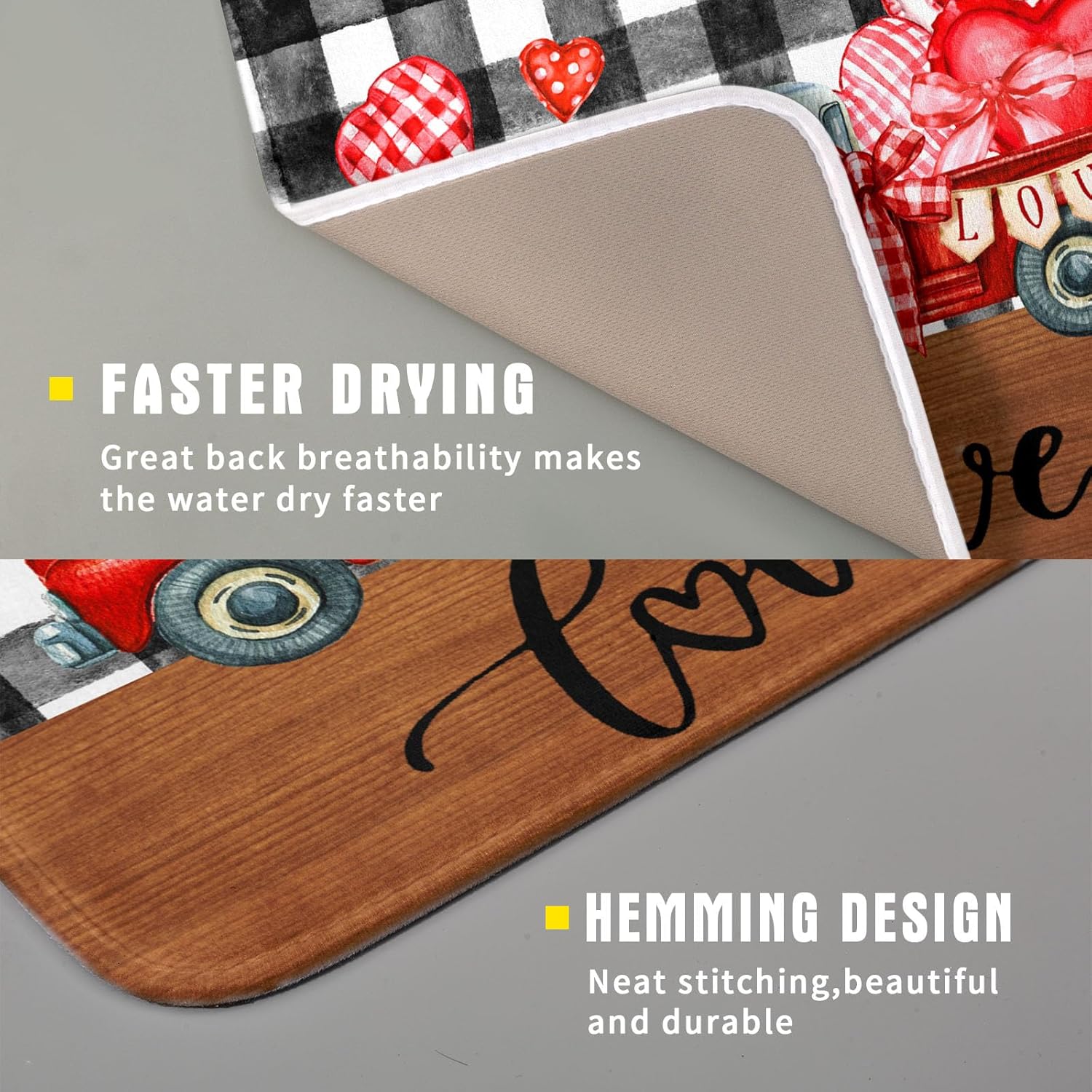 Valentine's Day Red Heart Truck Dish Drying Mat for Kitchen Counter,Black White Buffalo Plaid Love Drying Mat 16 x 18 Inch with Absorbent Reversible Microfiber Dish Drying Pad for Coffee Bar