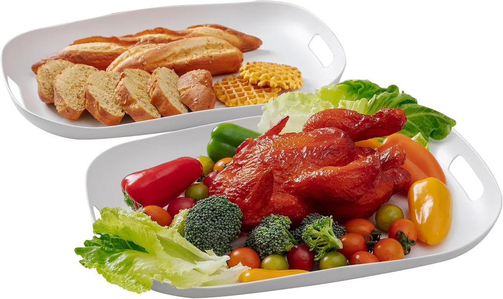 Extra Large Serving Platter, Set of 2, 18.75 x 14.375 x 2 Inch Large Melamine Serving Tray with Handle,Rectangular Serving Trays for Party, Big Turkey Platter, Dishwasher Safe, Matte White