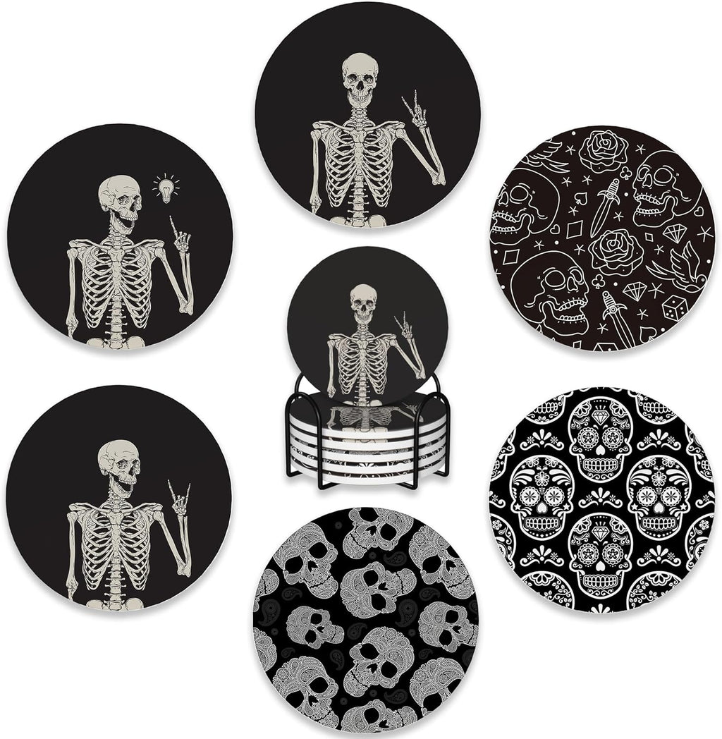 Drink Coasters Set of 6 with Holder,Human Skeleton Posing Skull Head Absorbent Ceramic Coasters with Cork Base,Fit All Cups,Tabletop Protection Mat for Mugs and Cups,Office,Kitchen