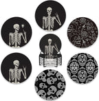 Drink Coasters Set of 6 with Holder,Human Skeleton Posing Skull Head Absorbent Ceramic Coasters with Cork Base,Fit All Cups,Tabletop Protection Mat for Mugs and Cups,Office,Kitchen