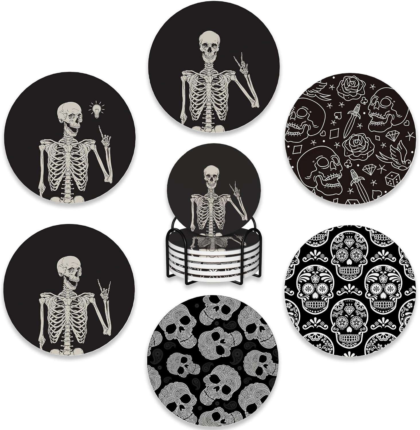 Drink Coasters Set of 6 with Holder,Human Skeleton Posing Skull Head Absorbent Ceramic Coasters with Cork Base,Fit All Cups,Tabletop Protection Mat for Mugs and Cups,Office,Kitchen