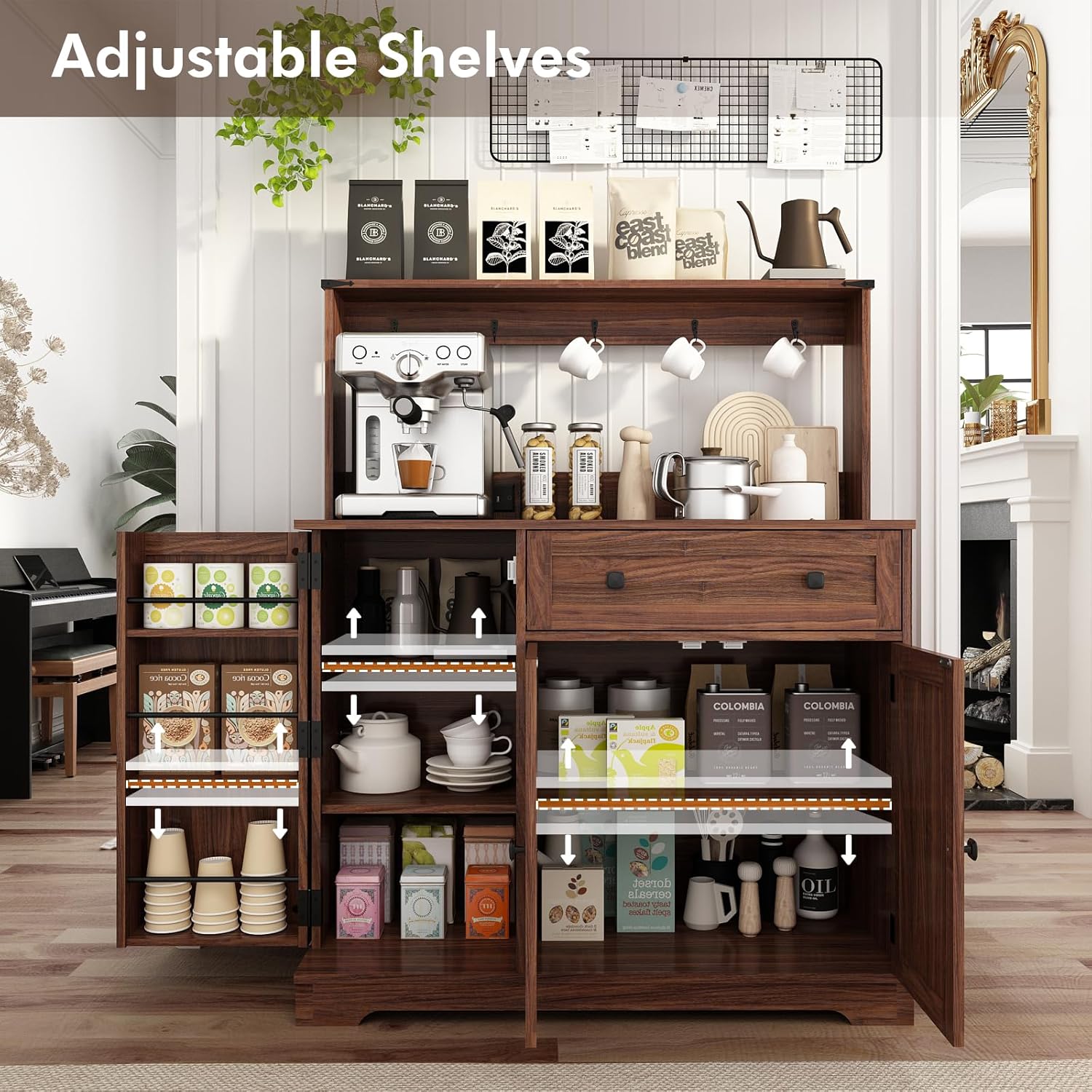 Wnutress Farmhouse Coffee Bar Cabinet with Drawer, 39" Kitchen Hutch Sideboard Buffet Cabinet with Charging Station and Adjustable Shelves, Coffee Bar Storage Table for Living Room, Dining Room, Brown