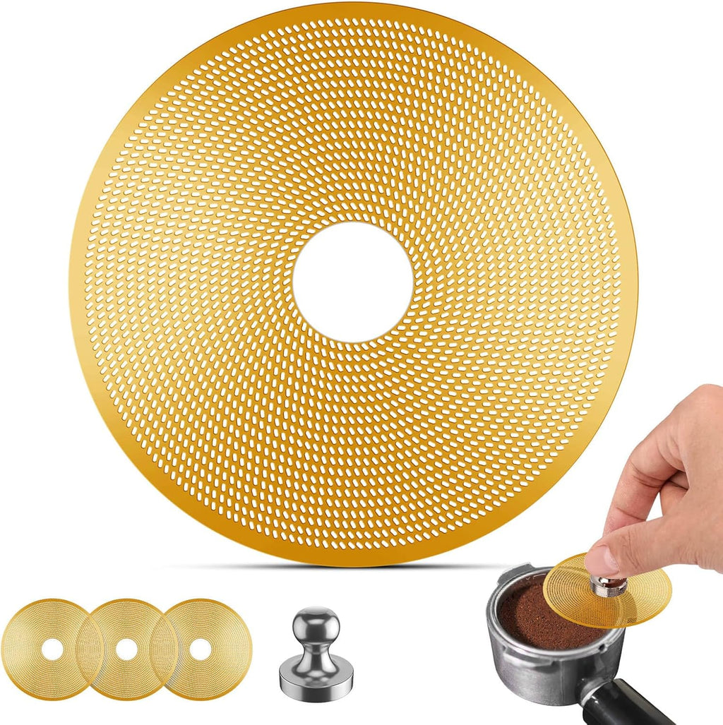 3 Pcs 58mm Espresso Puck Screen with Round Hole in the Middle - 0.2mm Ultra Thin Espresso Puck, Stainless Steel Reusable Coffee Filter, Suitable for La Marzocco/Gaggia (Golden)