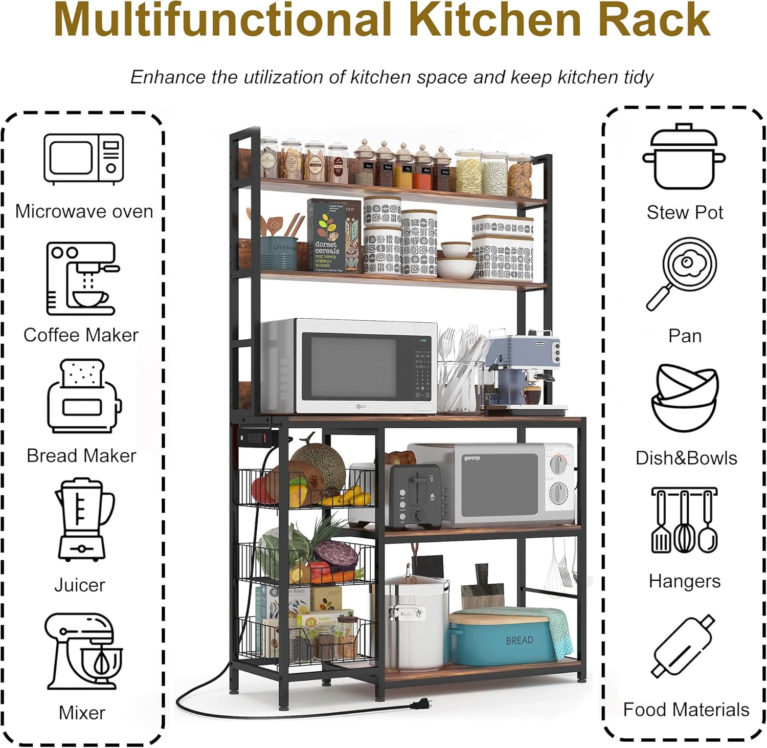 Bakers Rack with Baskets and Power Outlet, 5-Tier Kitchen Utility Storage Shelf with Hooks, Microwave Oven Stand Rack, Vintage Brown Free Standing Kitchen Shelf