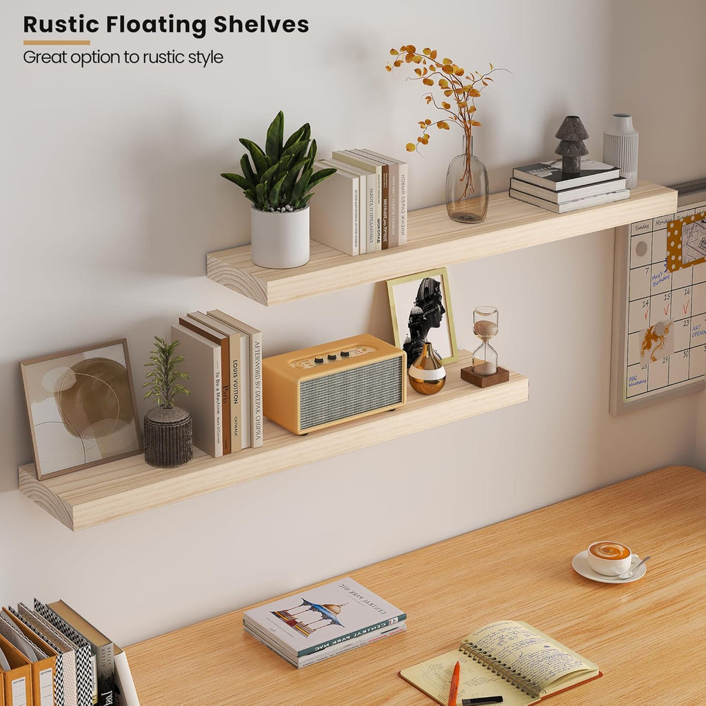 Vivelove Natural Wood Floating Shelves 36”，8 inch Deep Floating Shelf with Invisible Brackets, Unfinished Wall Shelves for Living Room, Bathroom, Kitchen, Bedroom, Home Decor, Set of 2 - Natural