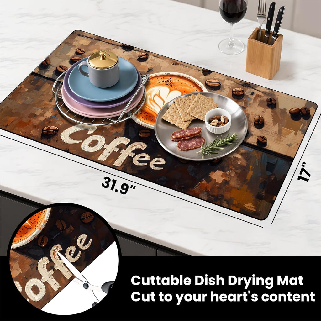 17"x 32" Coffee Bar Mat, Coffee Beans Absorbent Dish Drying Mat Cuttable Hide Stain Draining Table Pad for Kitchen Counter, Coffee Bar Accessories