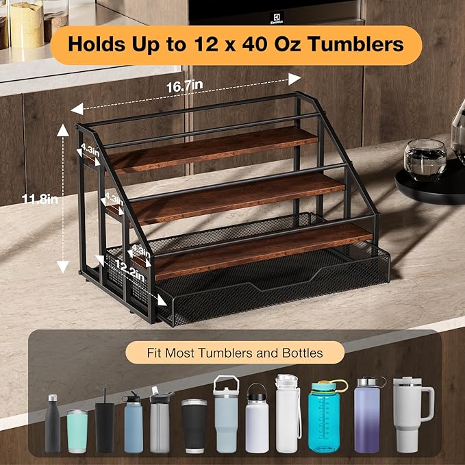 MOJOHAND Water Bottle Organizer for Stanley, 4-Tier 12 Bottles Rack with Storage Basket for Cup Accessories, Large Tumbler Holder Stand, Water Bottle Holder Wine Rack