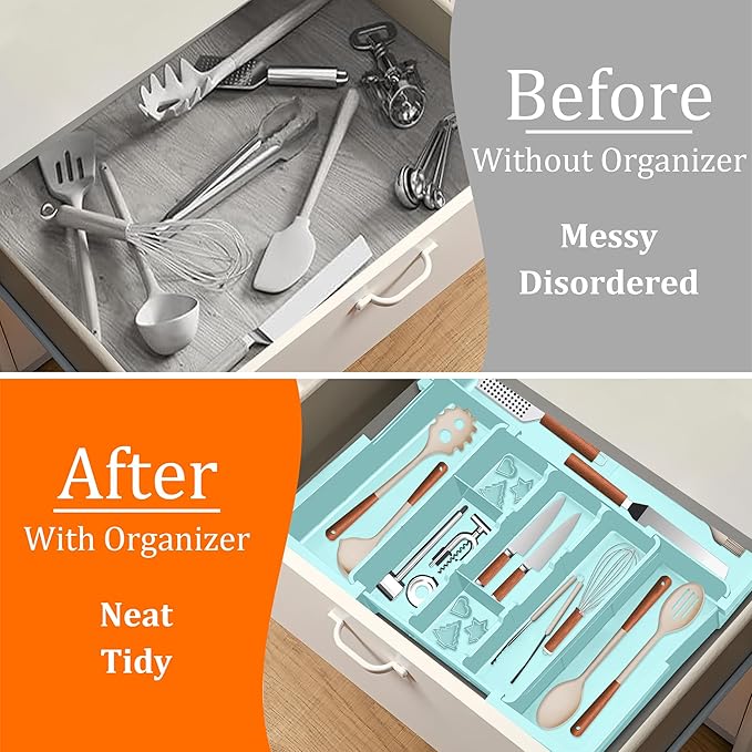 Large Utensil Drawer Organizer Expandable Silverware Organizer for Kitchen Drawer Adjustable Cooking Utensil Holder Cutlery Flatware Tray Spatula Tools Gadgets Storage Dividers Plastic Turquoise