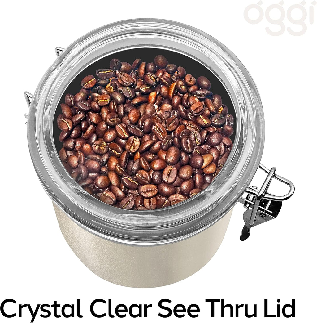 Oggi Stainless Steel Kitchen Canister 26 fl oz, Gray - Airtight Clamp Lid, Clear See-Thru Top - Ideal for Kitchen Storage, Food Storage, Pantry Storage. Size 5" x 3.5".