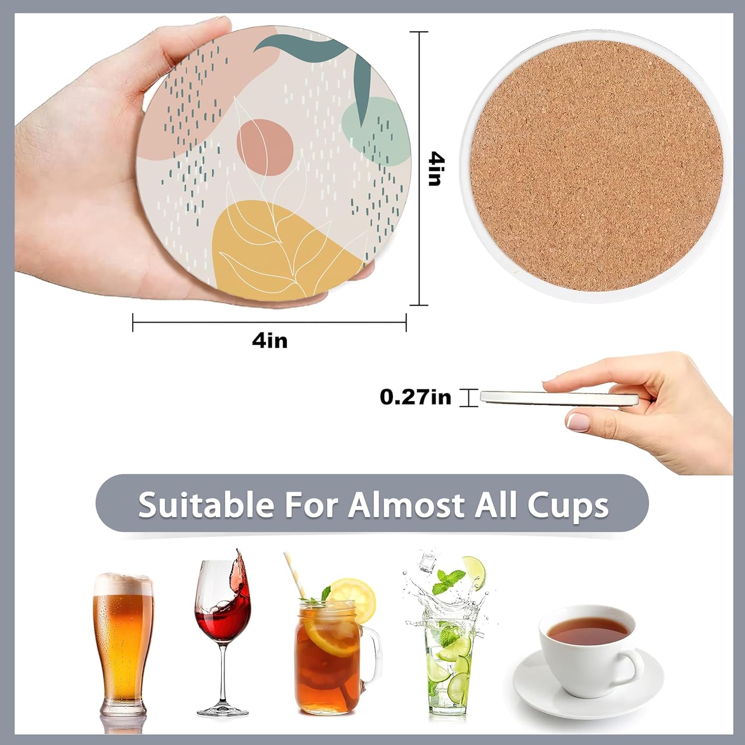 Drink Coasters Set of 6 with Holder,Abstract Dots and Leaves Absorbent Ceramic Coasters with Cork Base,Fit All Cups,Tabletop Protection Mat for Mugs and Cups,Office,Kitchen