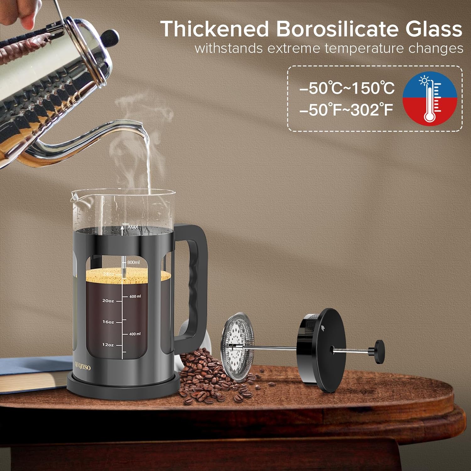 QUQIYSO French Press Coffee Maker 34oz 304 Stainless Steel French Press with 4 Filter, Heat Resistant Durable, Easy to Clean, Borosilicate Glass Coffee Press, 100% BPA Free Glass Teapot, Dark Pewter