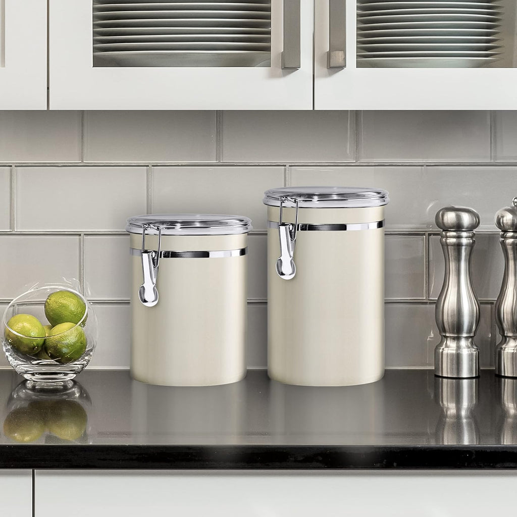 Oggi Stainless Steel Kitchen Canister 26 fl oz, Gray - Airtight Clamp Lid, Clear See-Thru Top - Ideal for Kitchen Storage, Food Storage, Pantry Storage. Size 5" x 3.5".