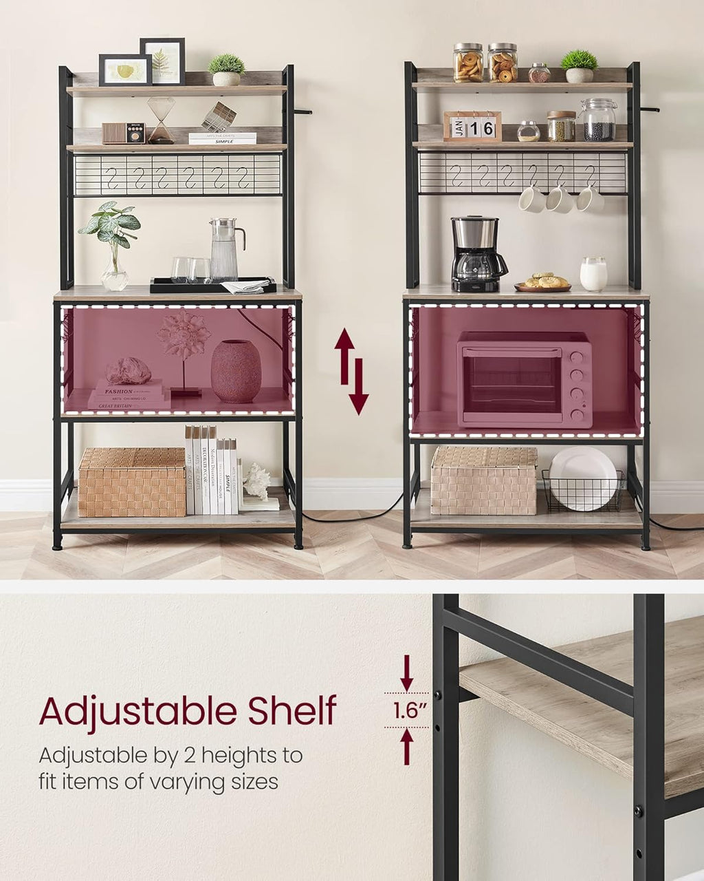 VASAGLE Hutch Bakers Rack with Power Outlet, 14 Hooks Microwave Stand, Adjustable Coffee Bar with Metal Wire Panel, Kitchen Storage Shelf, 15.7 x 31.5 x 66.9 Inches, Greige and Black UKKS025B02