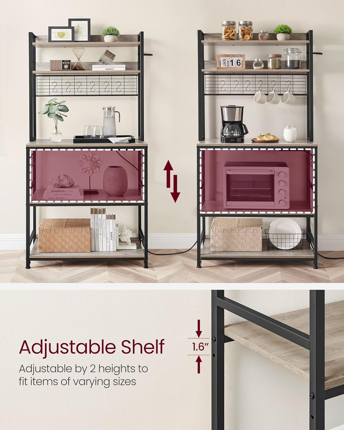 VASAGLE Hutch Bakers Rack with Power Outlet, 14 Hooks Microwave Stand, Adjustable Coffee Bar with Metal Wire Panel, Kitchen Storage Shelf, 15.7 x 31.5 x 66.9 Inches, Greige and Black UKKS025B02