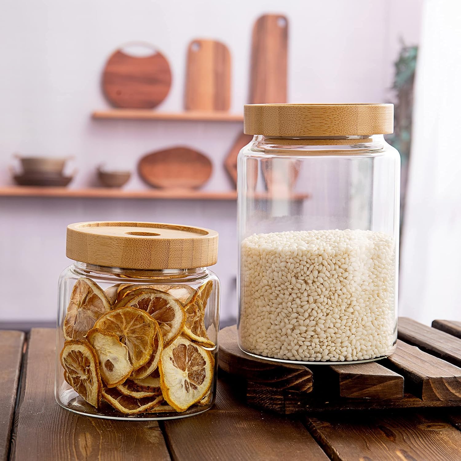900ML/30Oz Clear Cute Glass Storage Canister Holder with Airtight Bamboo Lid, Modern Decorative Medium Container Jar for Coffee, Spice, Candy, Salt, Cookie, Condiment, Pepper, Sugar