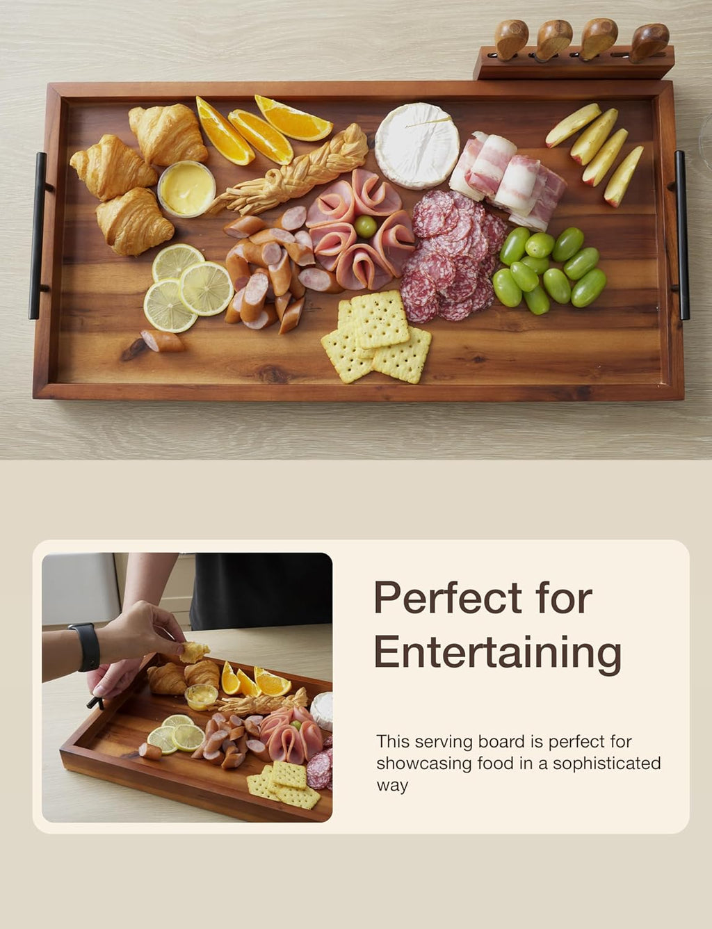 24" Large Charcuterie Tray with Handles, Extra Long Wooden Serving Cheese Boards - Serving Platter for Meat, Party Appetizers, Outdoor & Fruits Display (Acacia Wood)