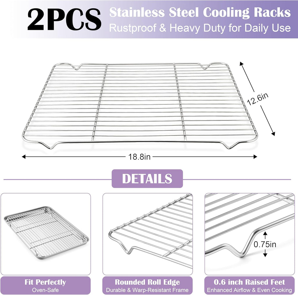E-far Large Baking Sheet with Wire Rack (2 Pans + 2 Racks), 20 x 14 Inch Stainless Steel Cookie Pans Tray & Cooling Rack for Baking, Non Toxic & Heavy Duty & Rust Free, Oven & Dishwasher Safe