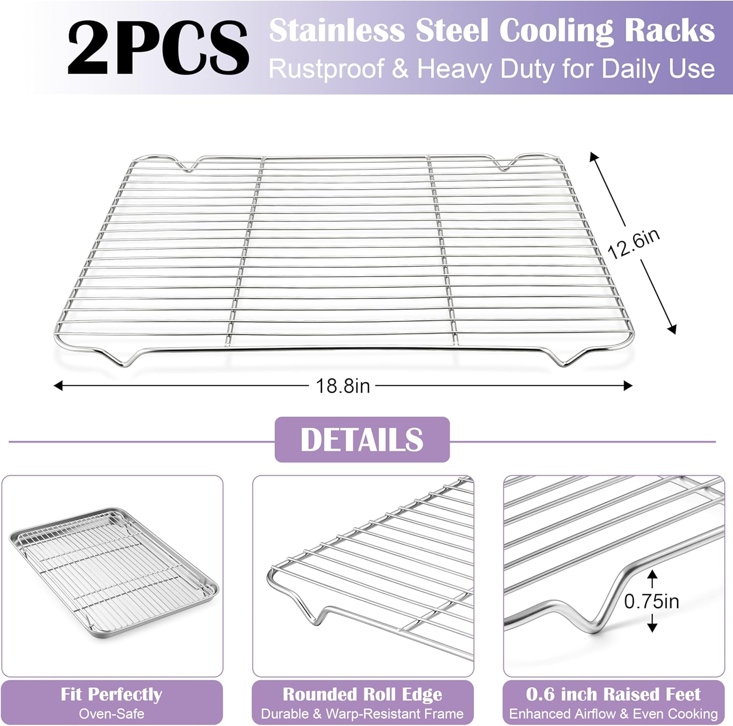 E-far Large Baking Sheet with Wire Rack (2 Pans + 2 Racks), 20 x 14 Inch Stainless Steel Cookie Pans Tray & Cooling Rack for Baking, Non Toxic & Heavy Duty & Rust Free, Oven & Dishwasher Safe