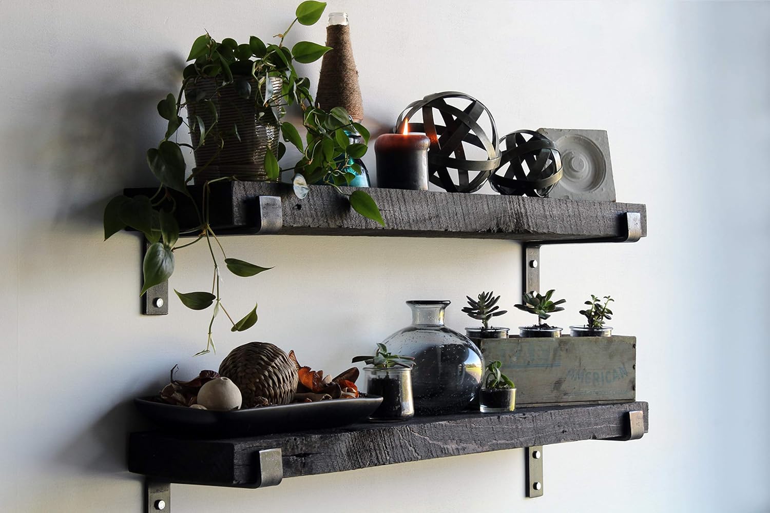 Urban Legacy Accent Shelves | Reclaimed Barn Plank | Set of 2 with Full Brackets (Coffee Bean 30" x 7" x 2")