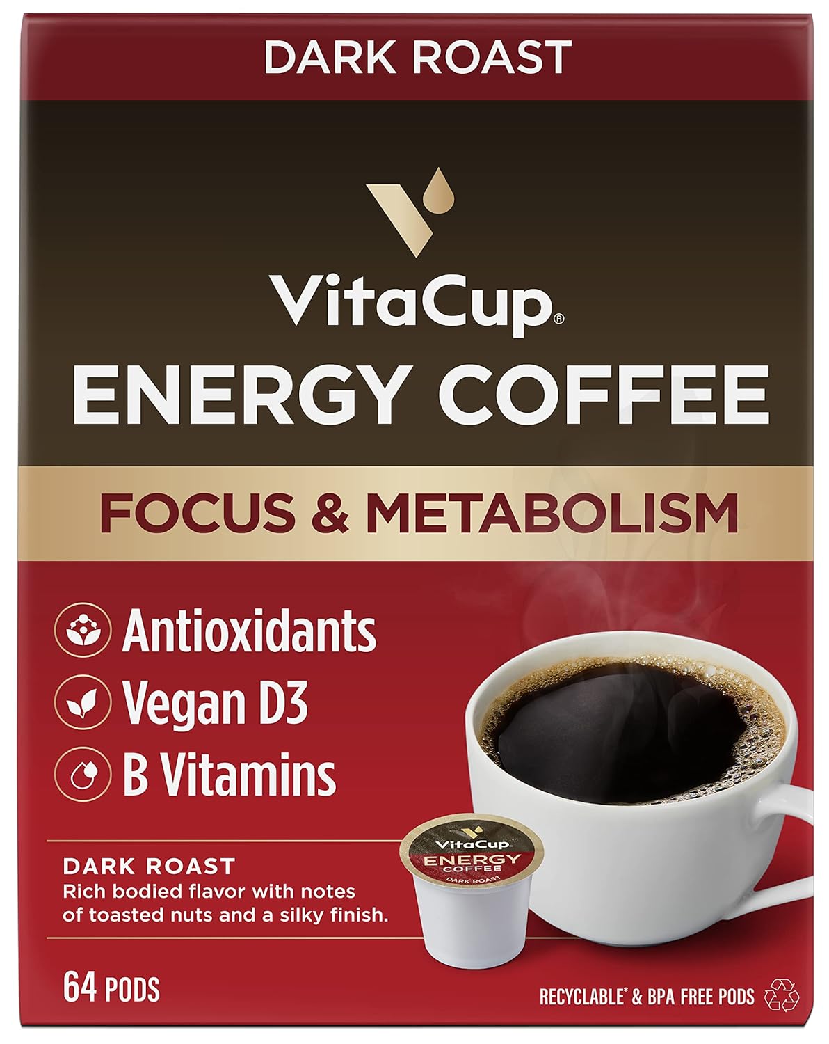 VitaCup Energy Dark Roast Coffee Pods, Boost Focus & Metabolism, Antioxidants, B Vitamins, Bold & Smooth,100% Arabica Coffee, Recyclable Single Serve Pod Compatible with Keurig K-Cup Brewers,64 Ct