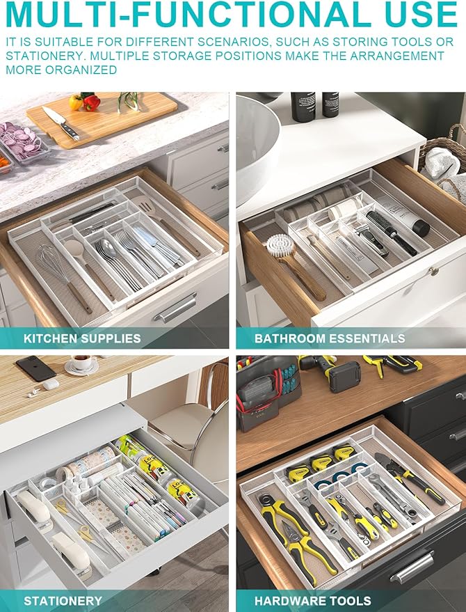 Silverware Organizer Metal Mesh, Large Drawer Organizer, Utensil Cutlery Tray for kitchen drawers, Expandable Flatware Organizer with 8 Compartment White 11.6"~20" x 17.3"