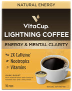 VitaCup Lightning Coffee Pods, for Memory & Focus w/ 2X Caffeine, Green Coffee Bean, B Vitamins, D3, Strong Dark Roast, Recyclable Single Serve Pod Compatible with Keurig K-Cup Brewers, 16 Ct