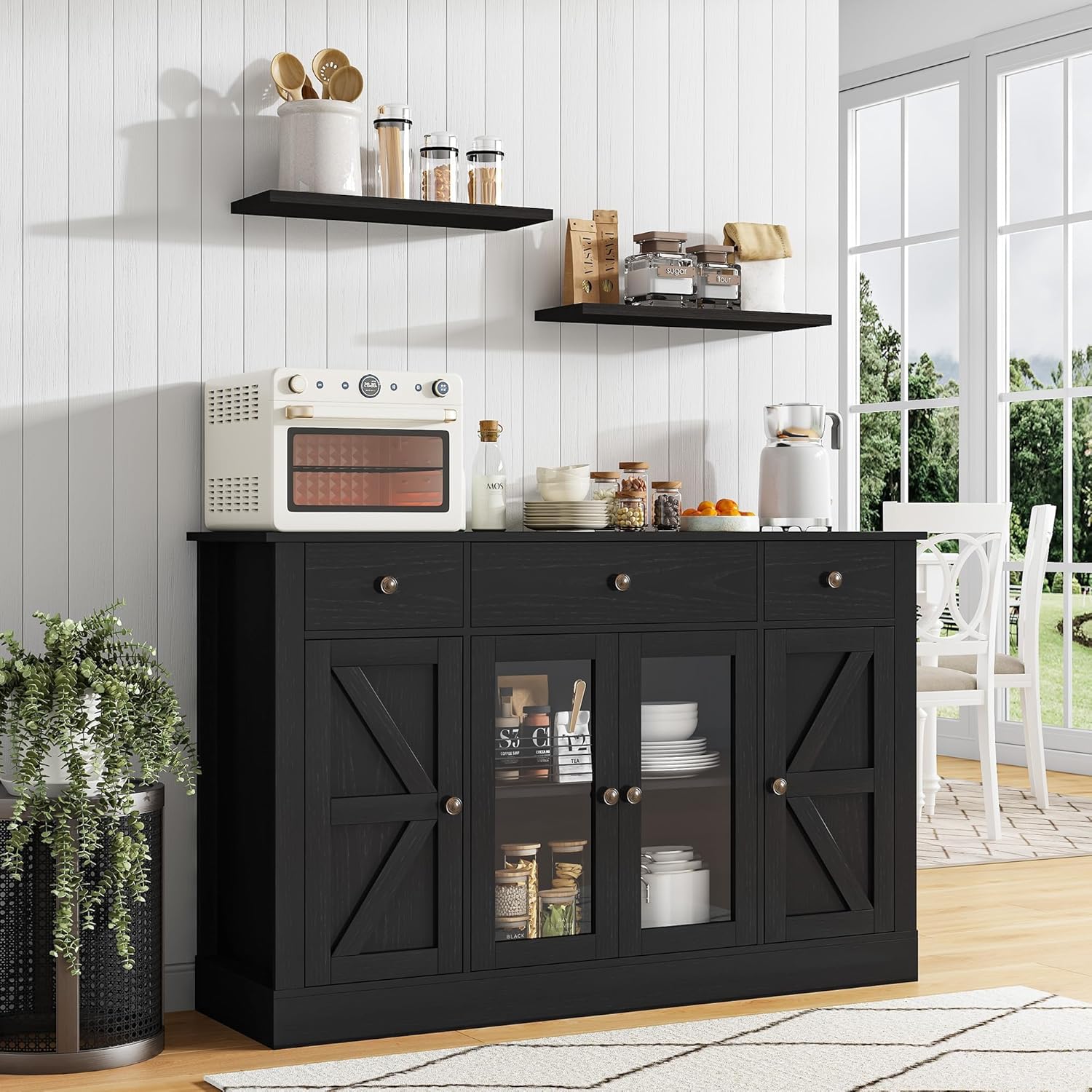 4 EVER WINNER 55" Coffee Bar with 4 Glass Doors and 3 Drawers, Sideboard Buffet Cabinet with Storage, Farmhouse Coffee Bar Cabinet with Adjustable Shelves for Kitchen, Dining Room, Black
