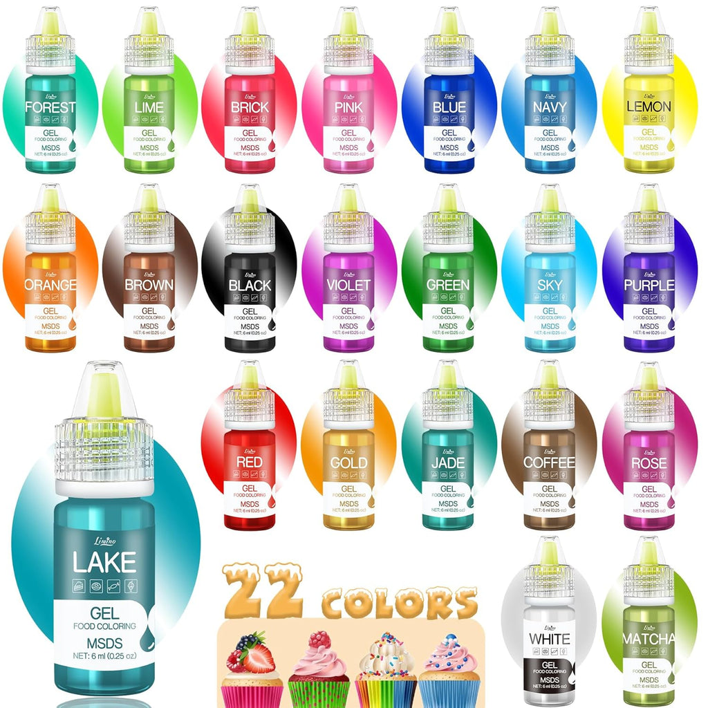 Gel Food Coloring - 22 Vivid Colors Gel Food Coloring Set for Baking, Cake Decorating, Cookie, Fondant, Macaron - Tasteless Concentrated Edible Food Color Dye for Icing, Drinks, Crafts - 6ml Bottles