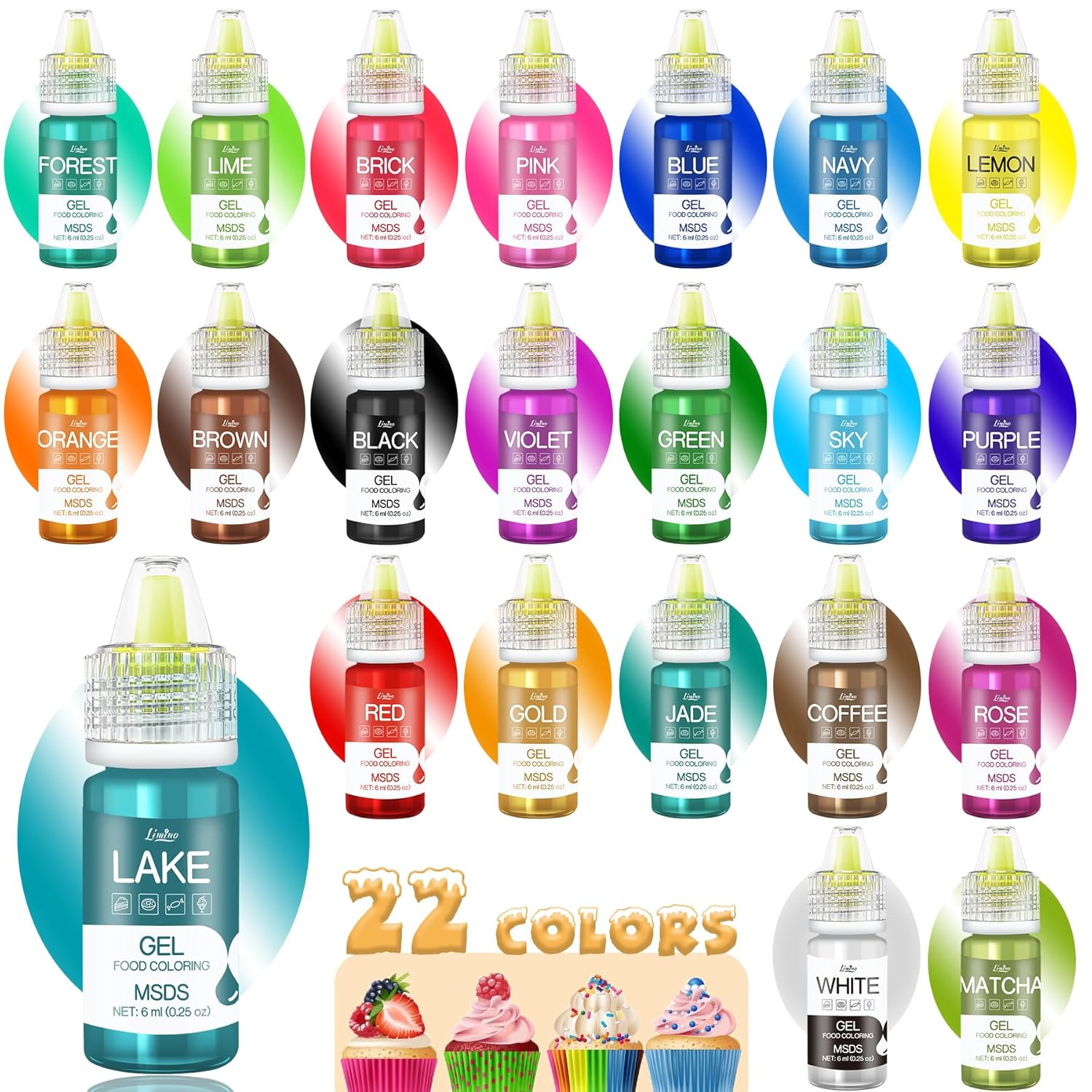 Gel Food Coloring - 22 Vivid Colors Gel Food Coloring Set for Baking, Cake Decorating, Cookie, Fondant, Macaron - Tasteless Concentrated Edible Food Color Dye for Icing, Drinks, Crafts - 6ml Bottles
