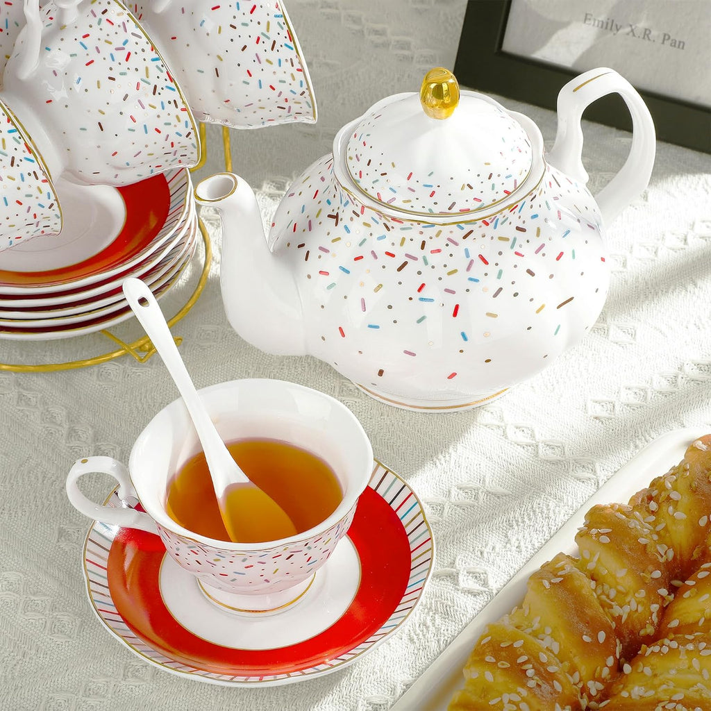 fanquare 21-Piece Red English Porcelain Tea Sets, 6 Cups and Saucers, Colorful Sprinkle Sugar Bone China Tea Set for Afternoon Tea Party, Birthday, Celebrations
