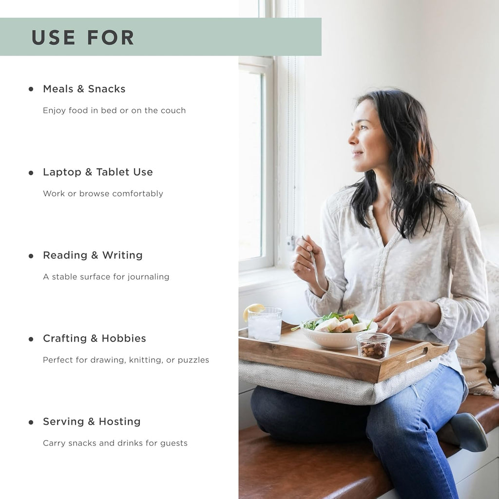 ROSSIE HOME Acacia Wood Bed Tray, Lap Desk - Set of Two - with Hyacinth Storage Basket - Natural - Fits up to 15.6 Inch Laptops - Style No. 70106