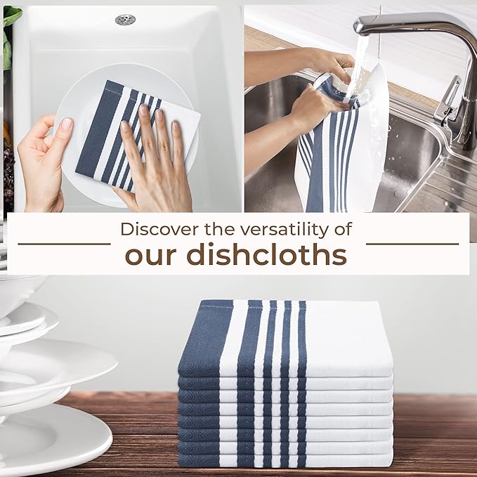 Urban Villa Dish Cloth 100% Cotton Pack of 8, Highly Absorbent Quick Drying Soft Premium Dish Towels for Kitchen with Hanging Loop Hand & Tea Towels - 12x12 Inch, (Indigo Blue & White, Striped)