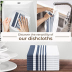 Urban Villa Dish Cloth 100% Cotton Pack of 8, Highly Absorbent Quick Drying Soft Premium Dish Towels for Kitchen with Hanging Loop Hand & Tea Towels - 12x12 Inch, (Indigo Blue & White, Striped)