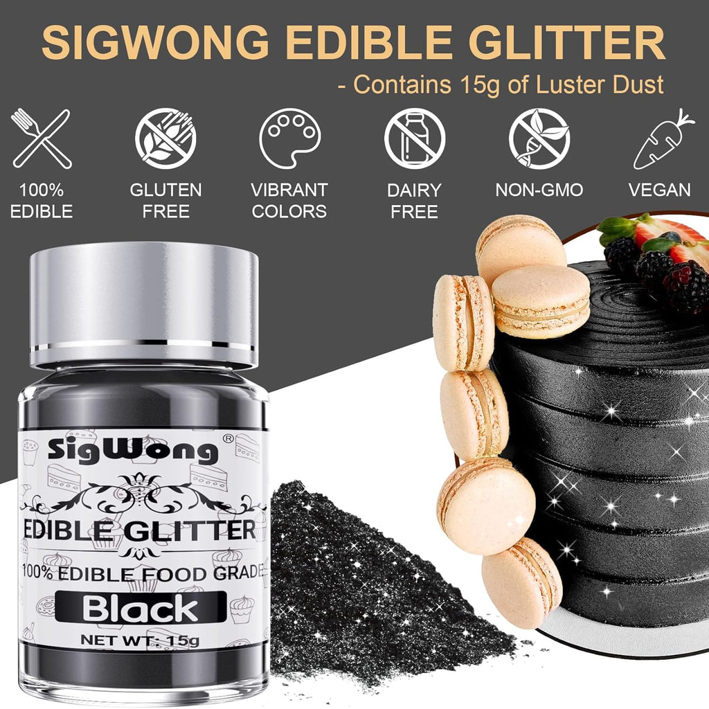 Black Edible Glitter - 15g Food Grade Luster Dust Powder, Cake Decorating Sprinkle Glimmery Dust for Drinks, Wine, Fondant, Chocolate, Candy, Cookie, Vegan