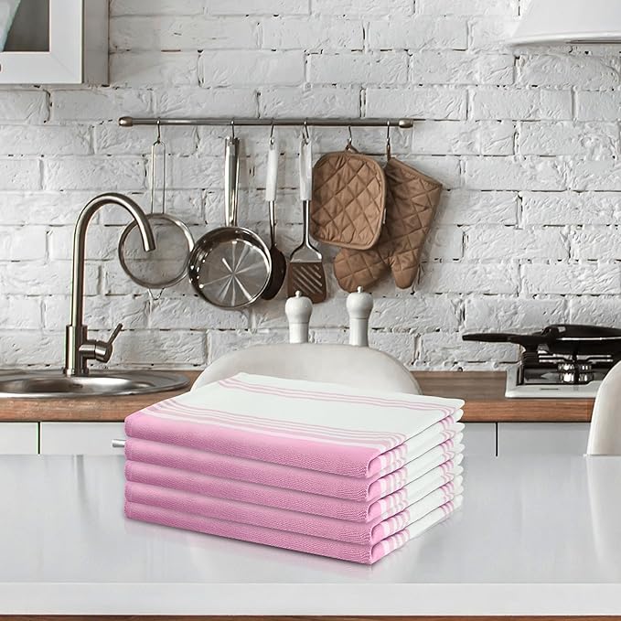 Urban Villa Kitchen Towels 100% Cotton Dish Towels for Kitchen (Set of 6) 20”x30” Dish Cloths Highly Absorbent Kitchen Linen Set with Hanging Loop Perfect for Drying Dishes Cleaning Towels-Pink White