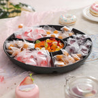 Chip & Dip Serving Tray Set, 4 Sectional Round Melamine Serving Platter, Relish Tray, Round Compartment Appetizer platter for Veggies, Candy and Snacks, Matte Black, Set of 2