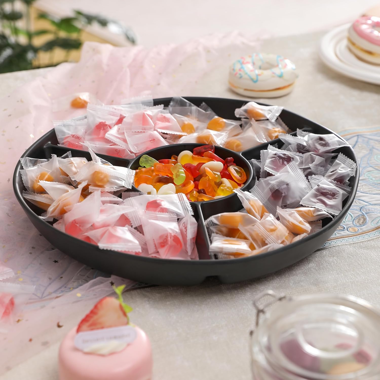 Chip & Dip Serving Tray Set, 4 Sectional Round Melamine Serving Platter, Relish Tray, Round Compartment Appetizer platter for Veggies, Candy and Snacks, Matte Black, Set of 2