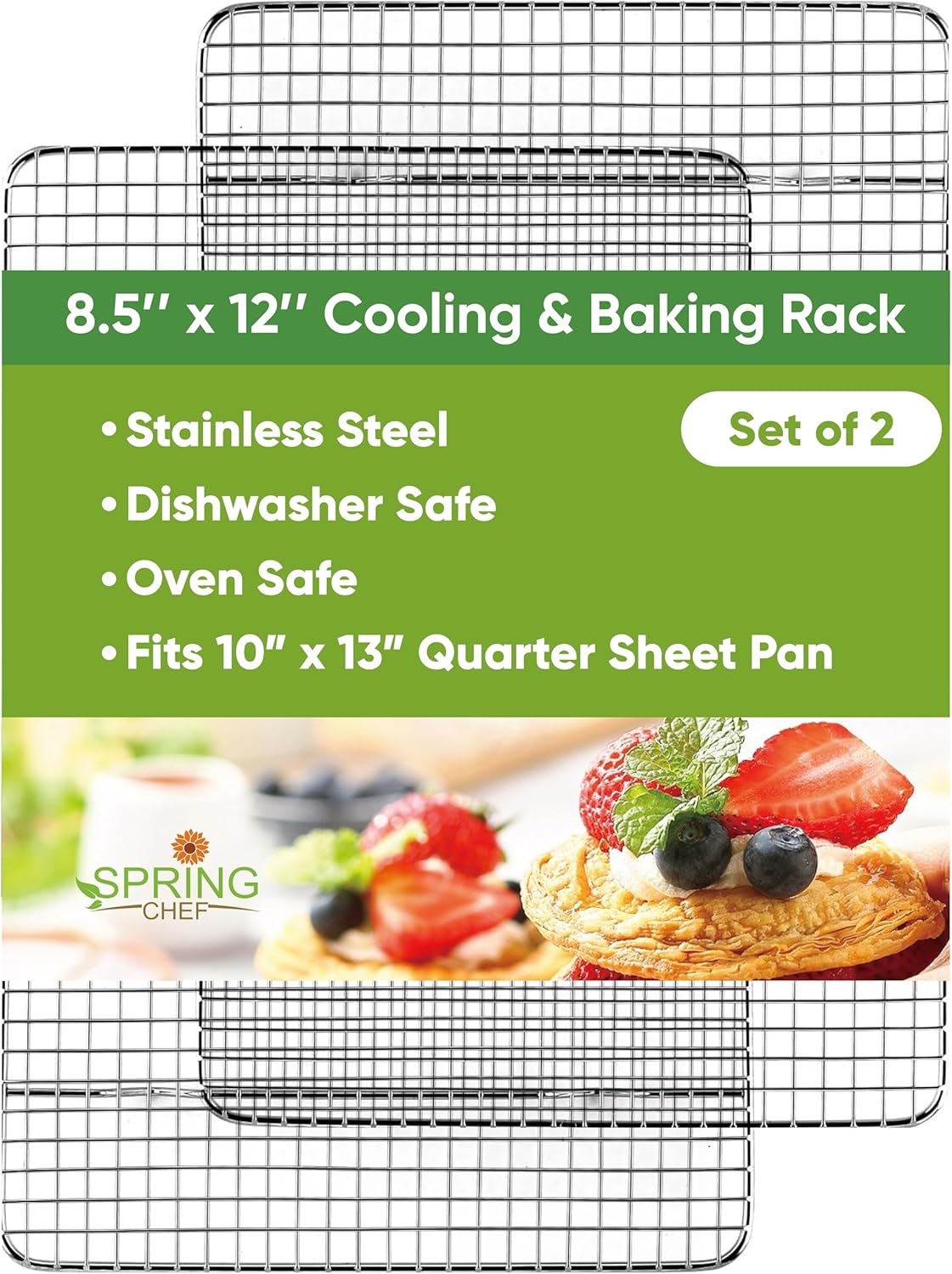 Spring Chef 8.5" x 12" Stainless Steel Cooling Racks, Wire Rack for Baking Sheet - Fits Small Quarter Sheet Pan - Perfect for Cooking, Baking, Grilling, Smoking - Dishwasher Safe - Set of 2