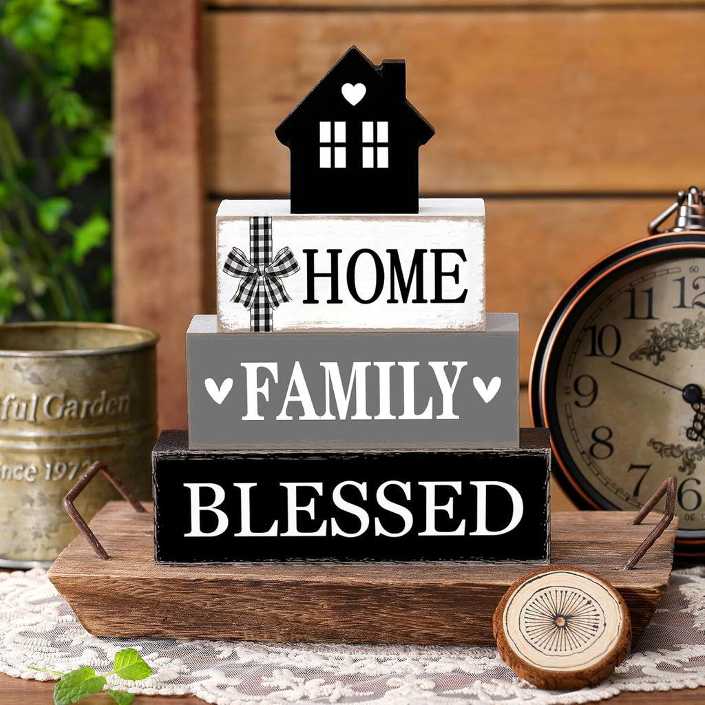 Rustic Farmhouse Table Decor Blessed Signs for Home Decor Neutral Home Family Wood Sign Black and White Modern Tabletop Centerpiece for Kitchen Shelf Desk Tiered Tray Decoration