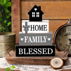 Rustic Farmhouse Table Decor Blessed Signs for Home Decor Neutral Home Family Wood Sign Black and White Modern Tabletop Centerpiece for Kitchen Shelf Desk Tiered Tray Decoration