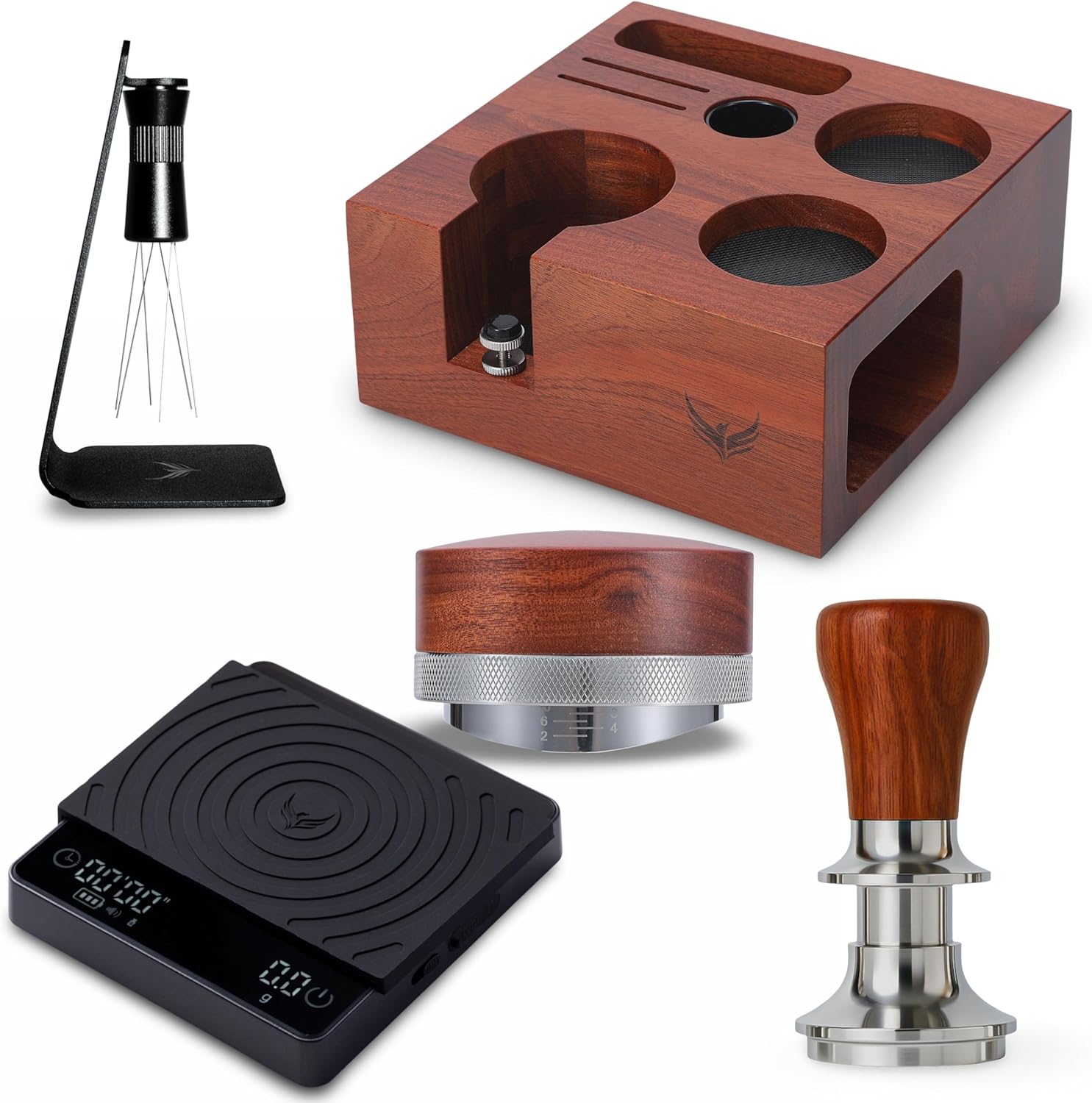 54mm Espresso Accessories Set – Premium Rosewood Organizer Box, Calibrated Tamper, Adjustable Coffee Distributor, WDT Puck Prep Tool & Scale with Timer