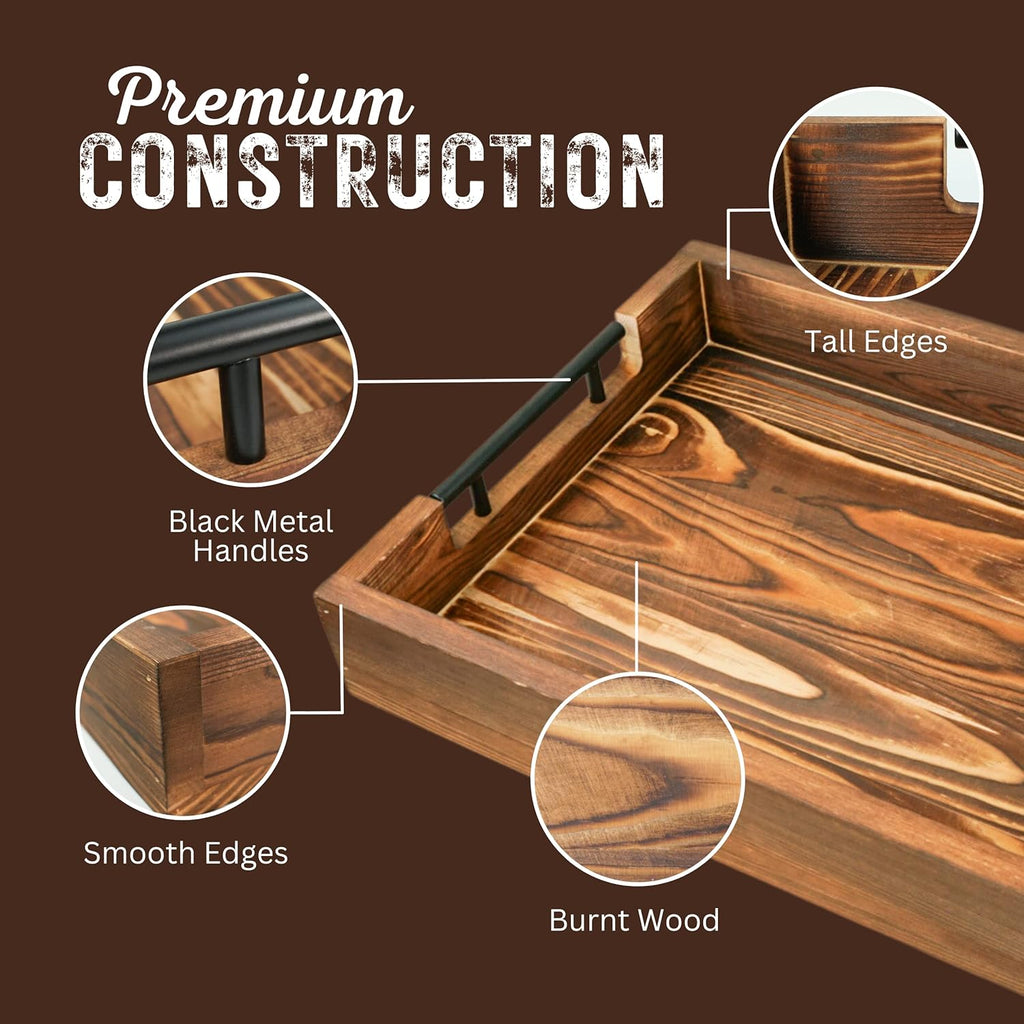 Natural Bamboo Serving Trays Modern Decorative Otman Trays with Metal Handles - Perfect for Living Room, Bedroom, Entryway & Kitchen