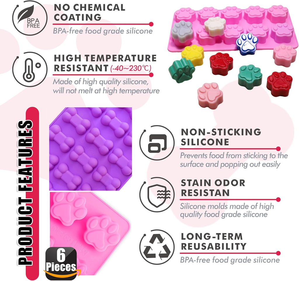 Silicone Molds Puppy Dog Paw and Bone Molds for Baking,Chocolate Molds,Silicone Dog Treat Mold - 6 Pack