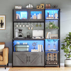 Itaar Bakers Rack with Power Outlet and LED Light, 45.3 Inch Farmhouse Coffee Bar Cabinet, Kitchen Microwave Stand with Storage, Glass Cabinet, Goblet Holder and 8 Hooks (Grey)