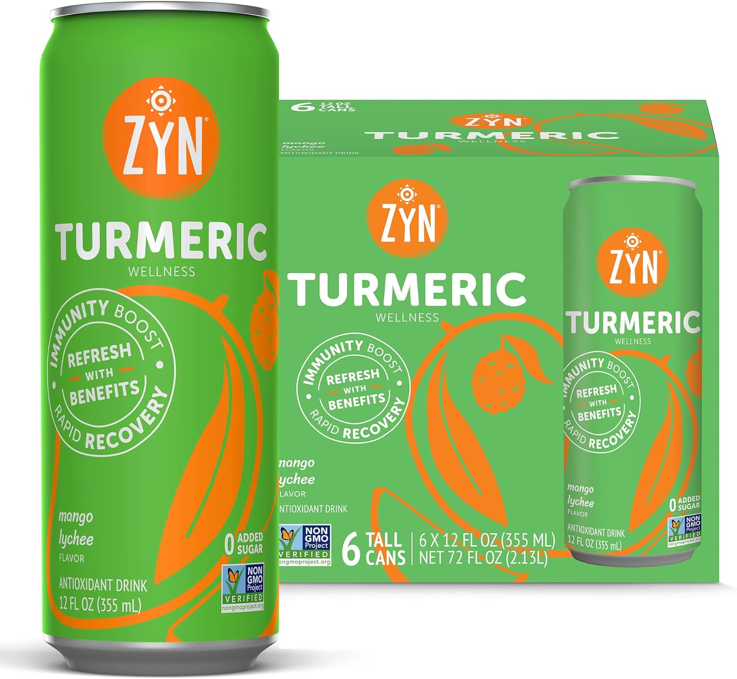 ZYN Turmeric Wellness Drink (6 Pack), Mango Lychee Flavored Turmeric Curcumin Drink with Black Pepper, No Added Sugar, Low Carb & Low Calorie Drink, Clean Alternative
