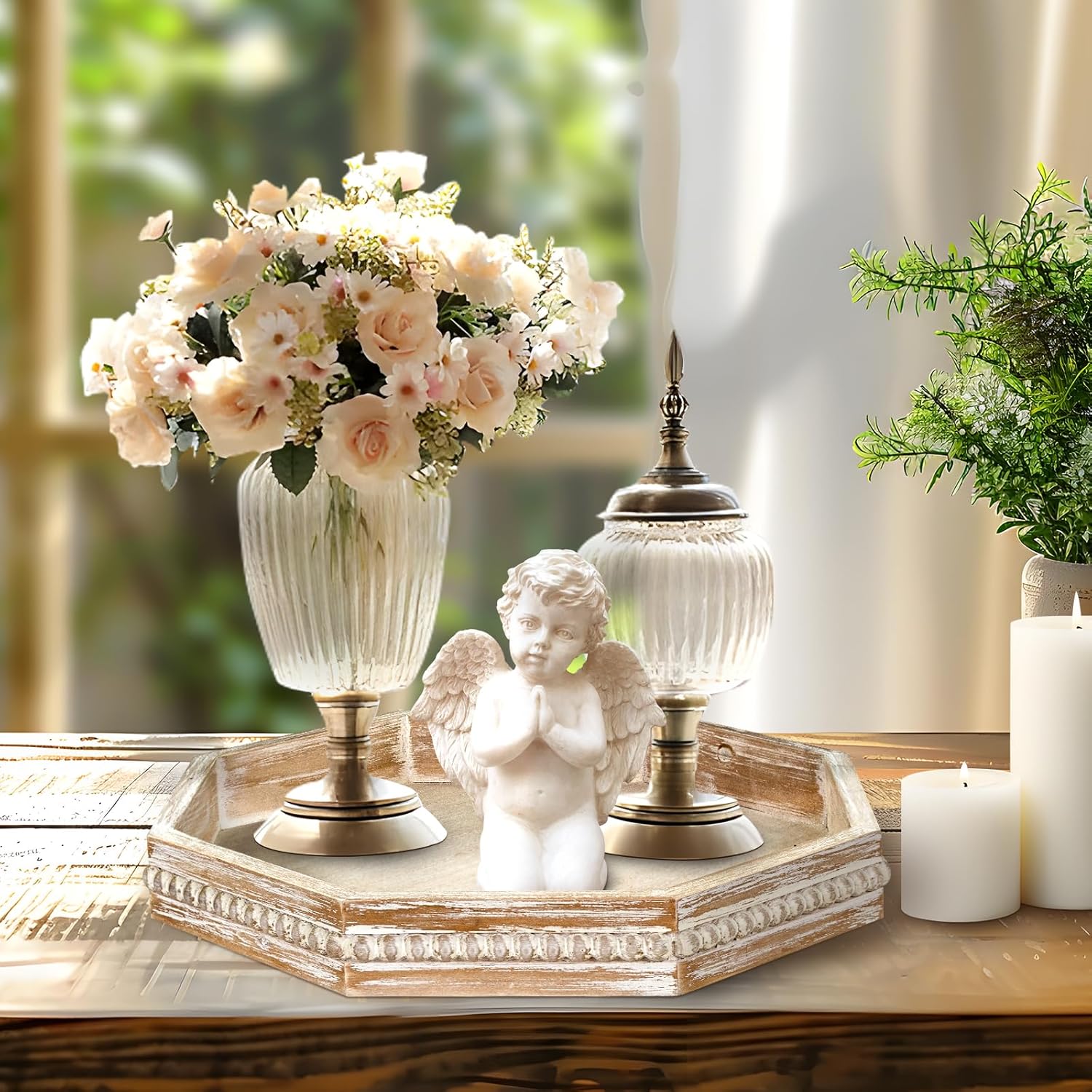 Wooden Decorative Tray, Small Serving Tray with Wood Bead, Farmhouse Big Tray for Ottoman, Countertop, Coffee Tabl, 13" x 13"x 1.6" (White Washed)