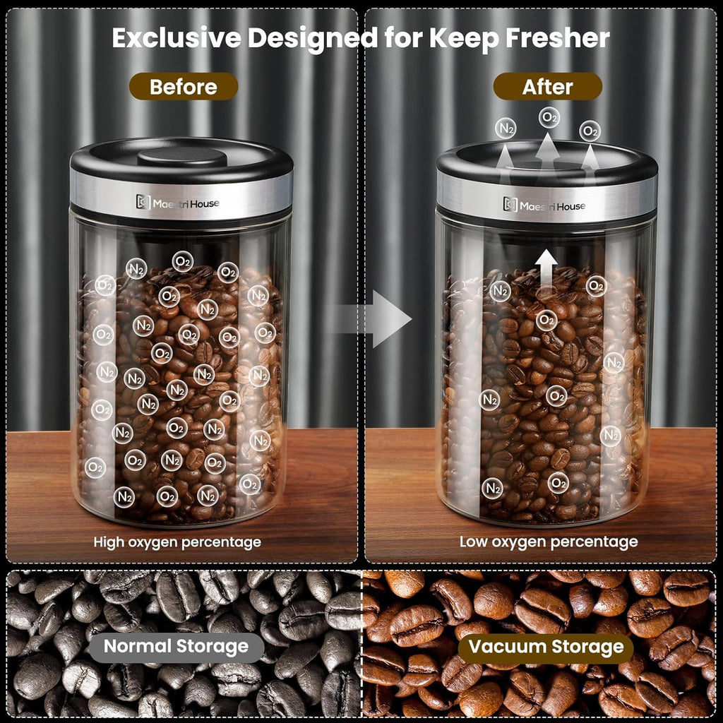 Maestri House Vacuum Coffee Canister with Spoon, 40 OZ AirTight Glass Coffee Bean Storage Container, Food Storage Jar, for 1 lb Beans, Grounds Coffee, Tea, Flour, Cereal, Sugar (Silver)