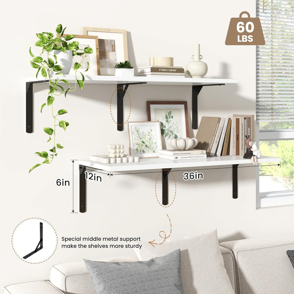 Fun Memories Floating Shelves for Wall, 12 Inch Deep Floating Shelves Set of 2, Wall Mounted Shelf with Metal Brackets, Rustic Wood Wide Shelf for Bathroom, Kitchen and Living Room, White, 36W x 12D