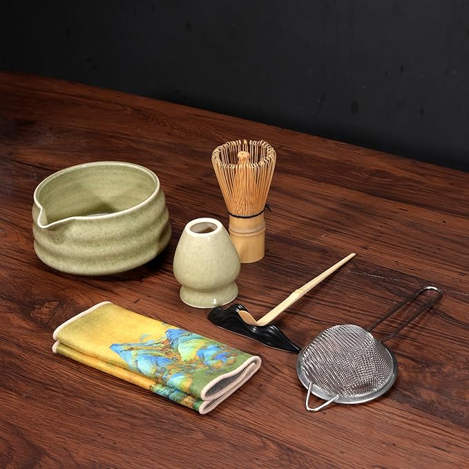 7 Pcs Matcha Whisk Set, Matcha Bowl with Spout, Matcha Whisk and Holder, Bamboo Scoop with Holder, Stainless Sifter and Tea Towel, Japanese Matcha Ceremony Set for Authentic Tea Powder & Home Rituals